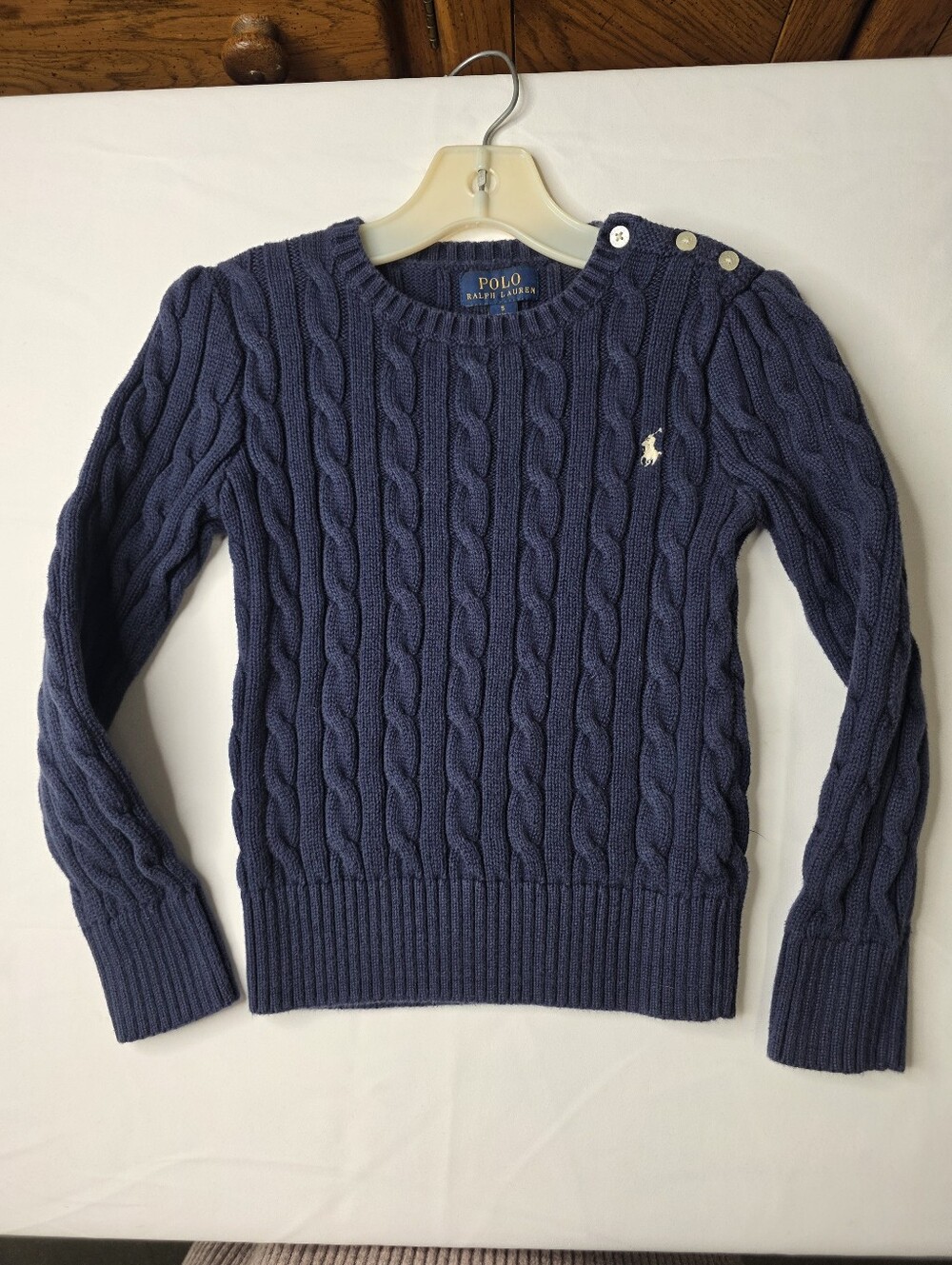 Polo Ralph Lauren Girls Navy Blue Cable Knit Shoulder Button Sweater Size 5